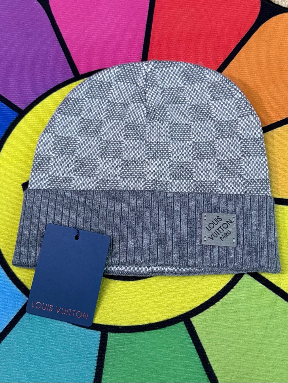 Louis Vuitton Gray Damier Pattern Ribbed Cuff Beanie
